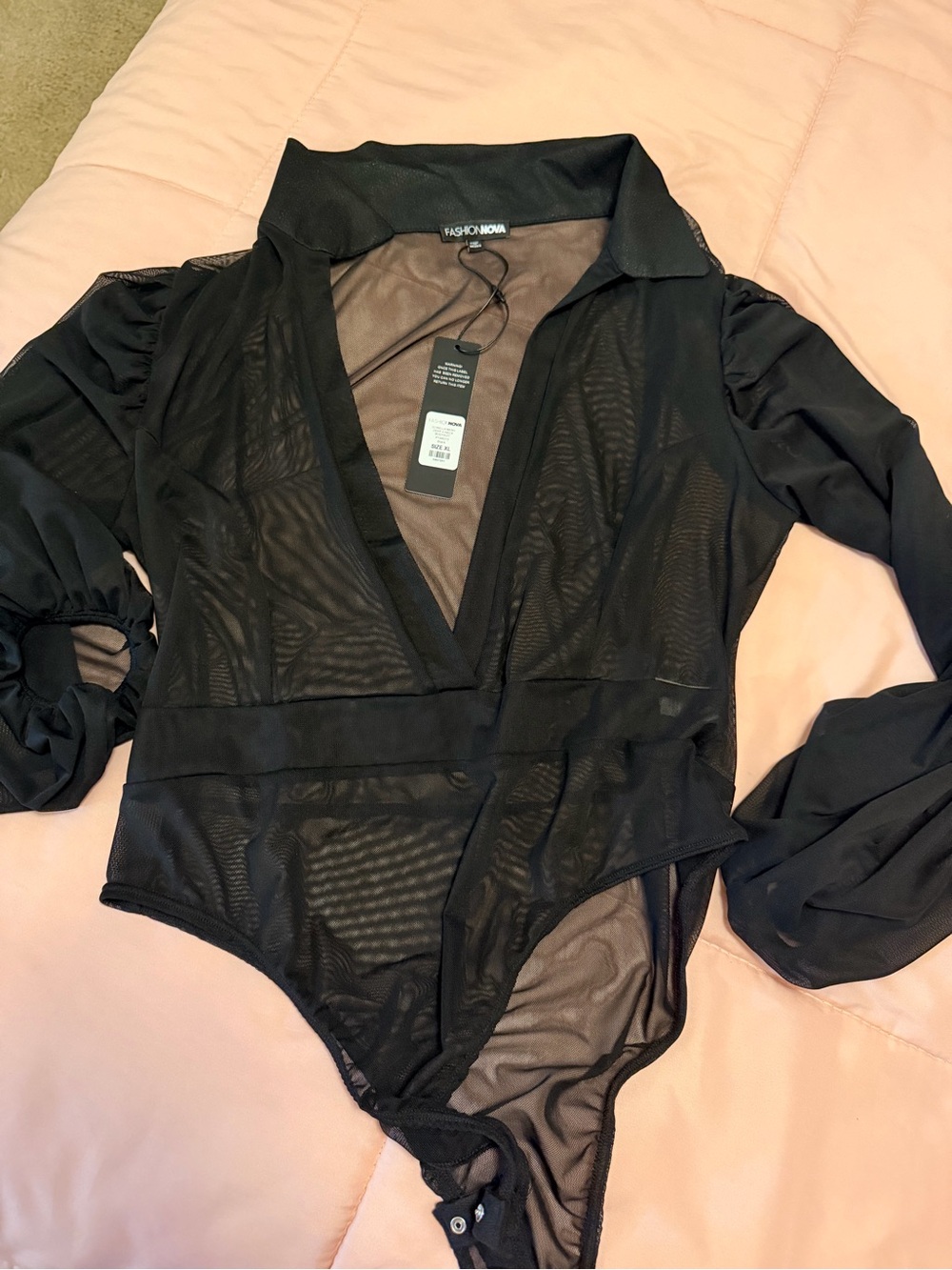Fashion Nova Black Sheer Plunge Long-Sleeve Bodysuit